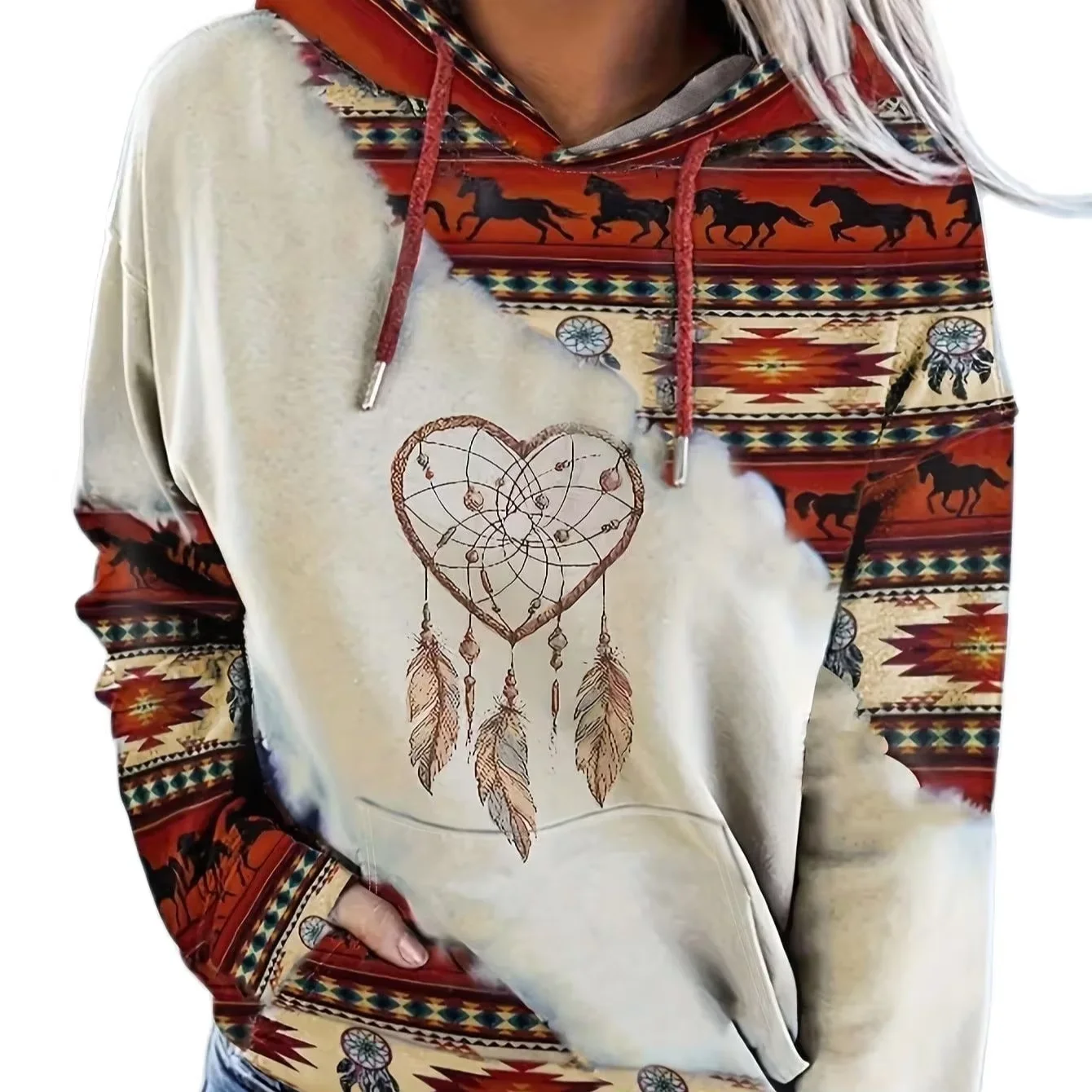 Women\'s casual fashion round neck pullover hoodie Western ethnic style retro print women\'s sweater hoodie