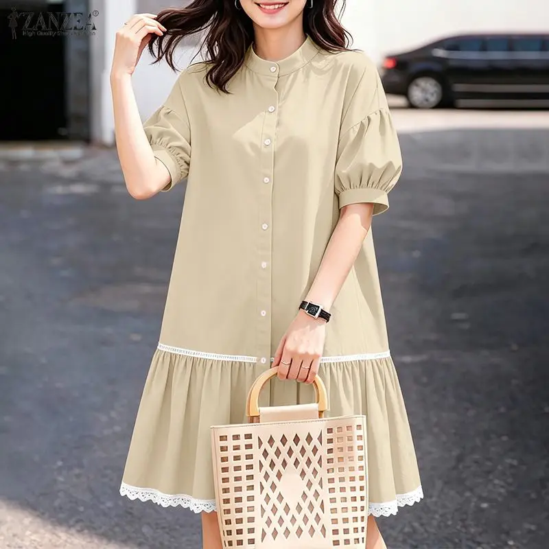 Elegantes Sommer-Hemdkleid ZANZEA Damen Spitzen-Patchwork-Sommerkleid Stehkragen Kurzarm Arbeitskleider Urlaubskleider Robe 2026