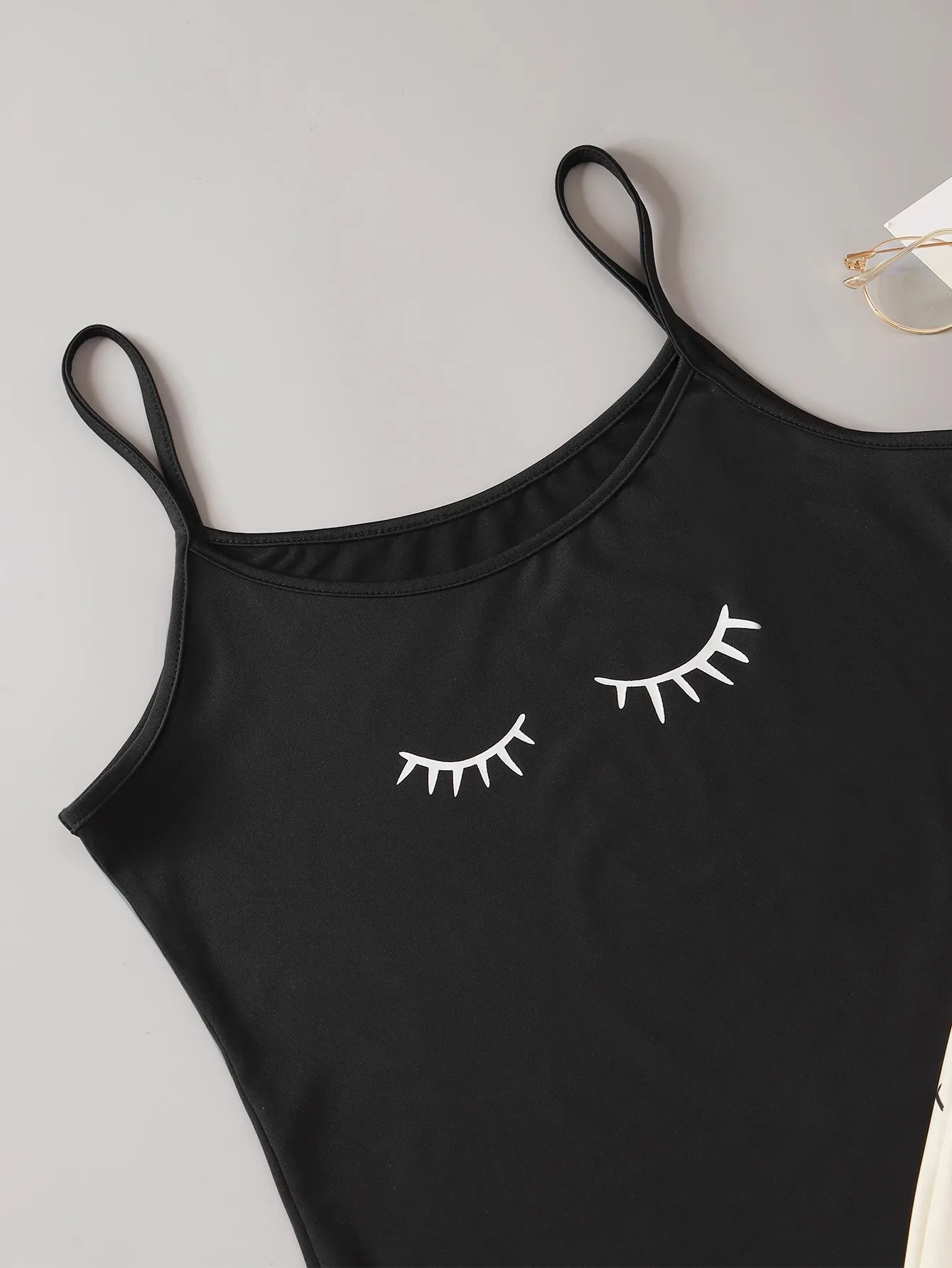 Women\'s 2pcs Cute Soft Comfy Set Moon Star Eyelash Print Sexy Sleepwear Sleeveless Trousers Homewear Pajama Set