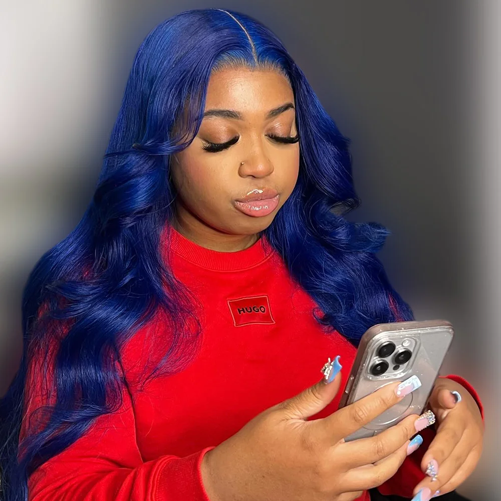 13x6 أزرق داكن شفاف الدانتيل الجبهة باروكة من شعر طبيعي البرازيلي الجسم موجة الملونة 5x5 الدانتيل إغلاق باروكة من شعر طبيعي للنساء #5