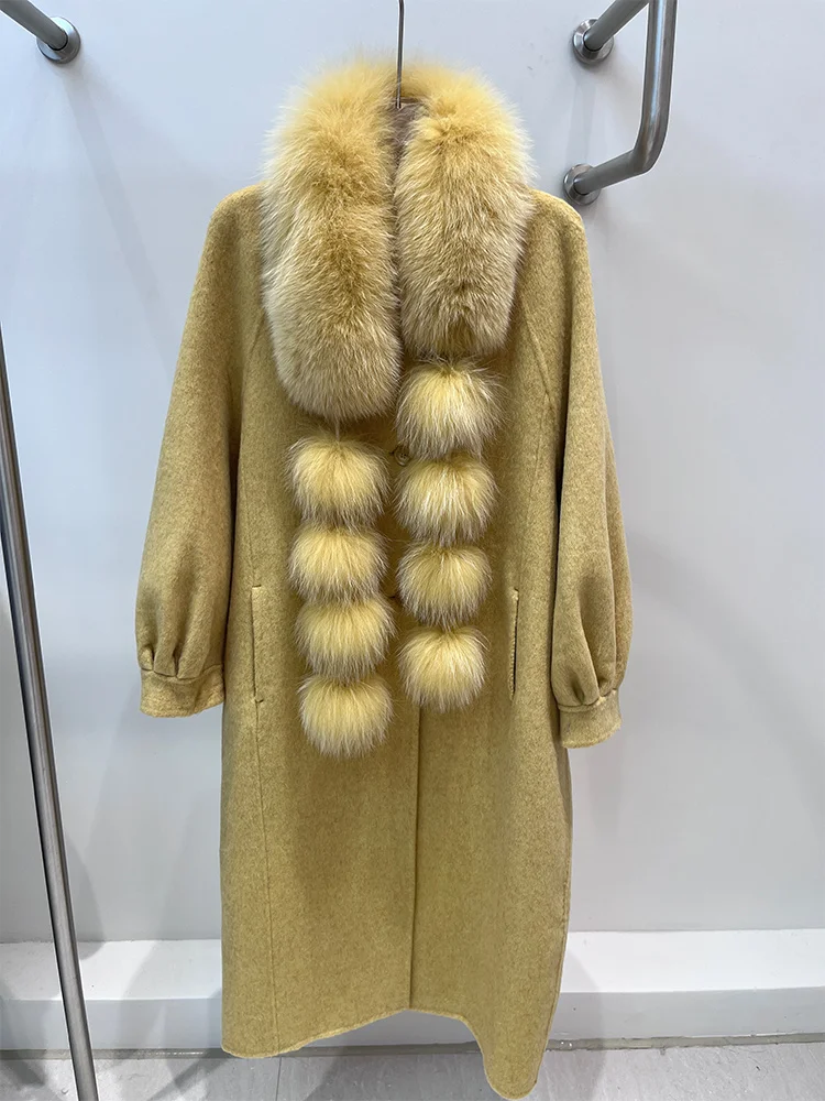 Zimowa kurtka z prawdziwego futra damska długa kaszmirowa wełniana płaszcz z naturalnym kołnierzem z futra lisa szal luksusowa gruba odzież wierzchnia damska