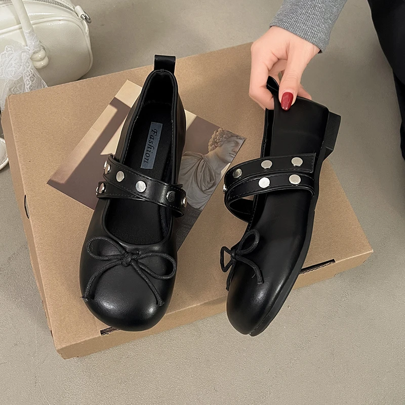 Fashion Pu Leather Women Ballet Flats Footwear Lolita Shoes Luxury Autumn Female Butterfly-Knot Round Toe Ladies Dance Shoes
