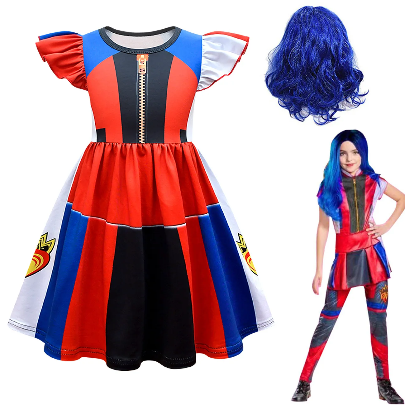 New Kids Halloween Costume For Girls Evie Mal Descendants Cosplay Costumes With Wig Children\'s Carnival Party Dress+pants set