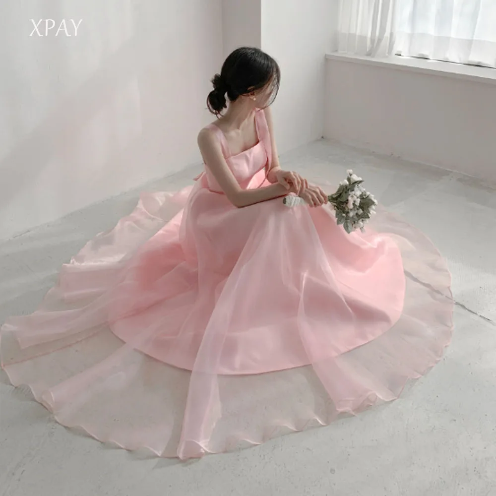 

XPAY Simple Soft Pink Organza Evening Dress Customized Spaghetti Strap One Bow Tie Prom Gowns Korea Wedding Dress photos shoot