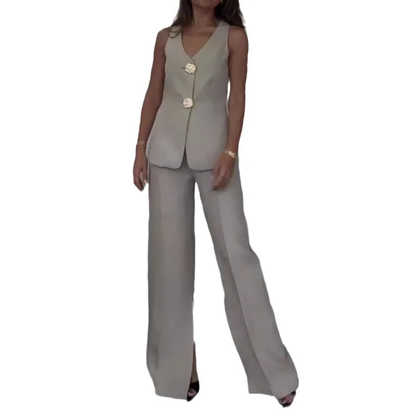 Summer Fashion Split-Leg Wide-Leg Pants Solid V-Neck Sleeveless Vest Tank Top Two-Piece Set Women's Slim-Fit Tailored Clothing