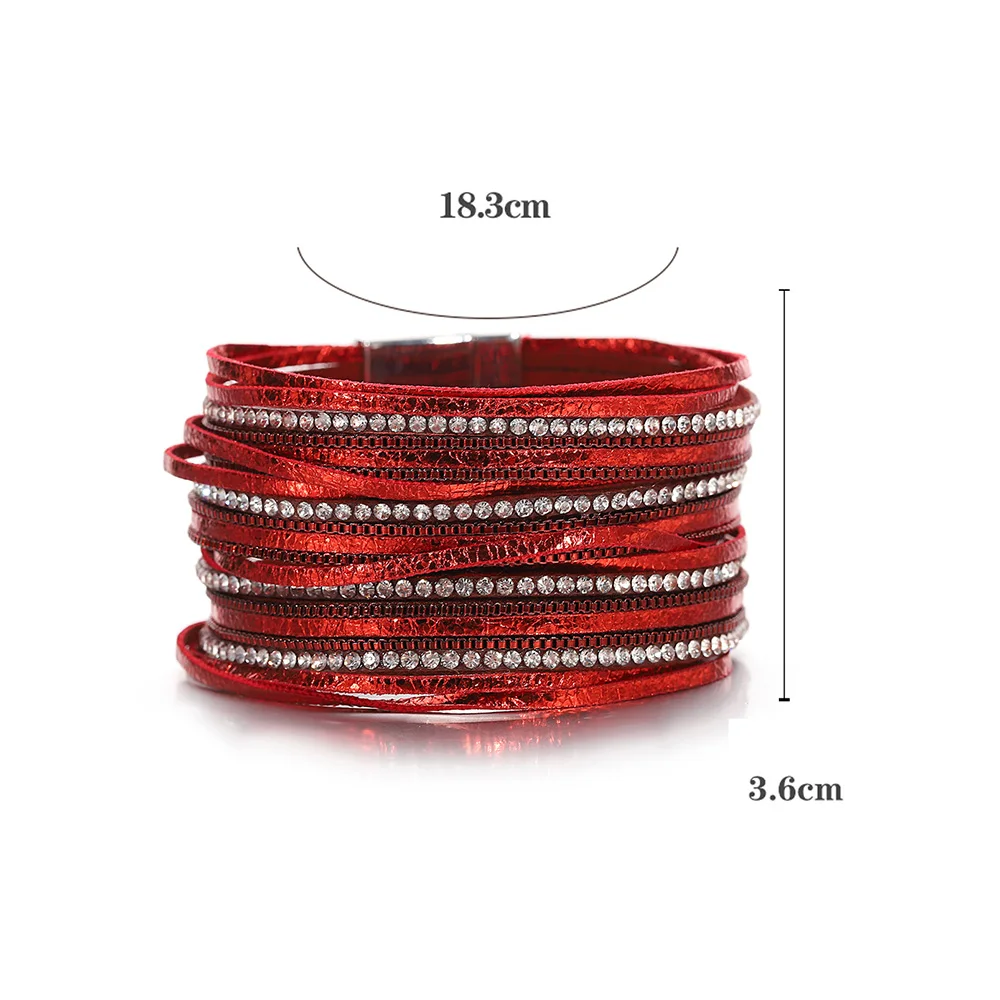 ALLYES Luxury Rhinestone Chain Leather Bracelet for Women Men Vintage Mulilayer Wrap Wide Bracelets & Bangles Charm Jewelry