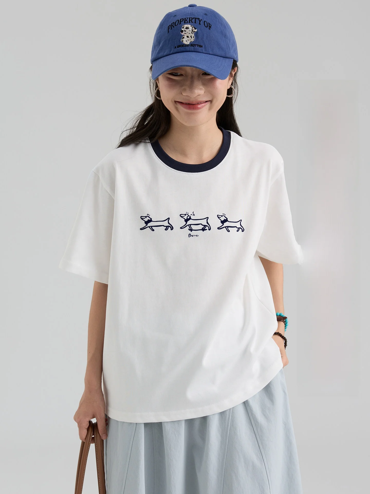 

Loose Color Blo Collar Floing Dog Print ort Sve T-irt Korean Sle Cotton Polyester Blend Summer New Arrival for W...