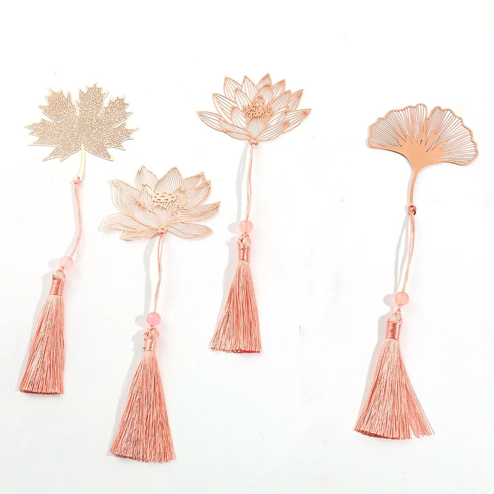 Pink Flower Metal Hollow Bookmarks Vintage Pendant Apricot Leaf Lotus Rose Bookmark Gifts Student Book Marks Stationery