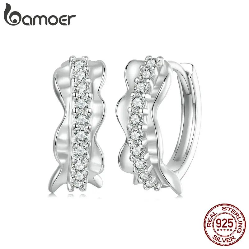 

BAMOER Original 925 Sterling Silver Delicate Lacework Hoop Earrings Full Embed Zircon Ear Buckles for Women Party Gift BSE1071