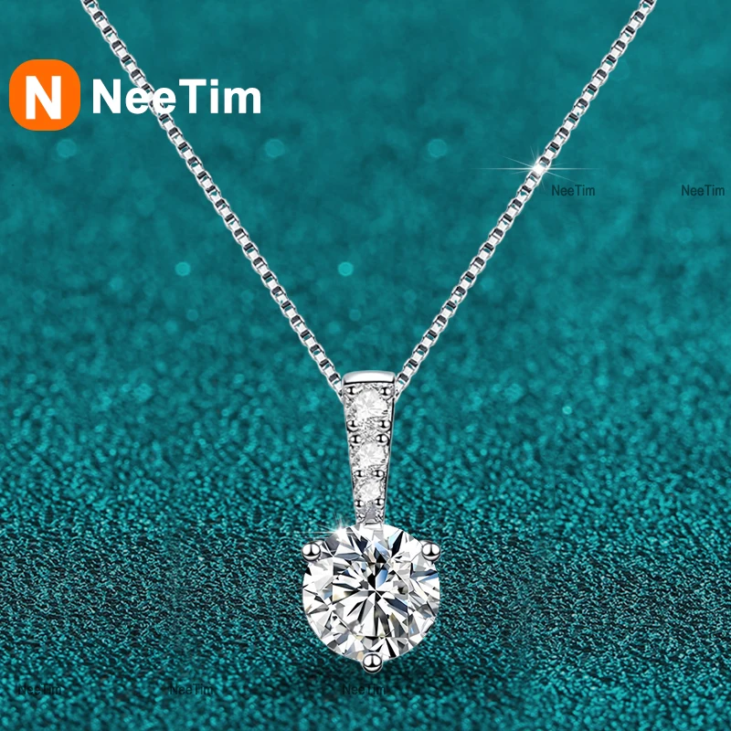 NeeTim1ct  Moissanite Necklace for Women Sparkling Lab Gem Pendant S925 Sterling Silver Box Chain Necklaces Neck Chain Jewelry