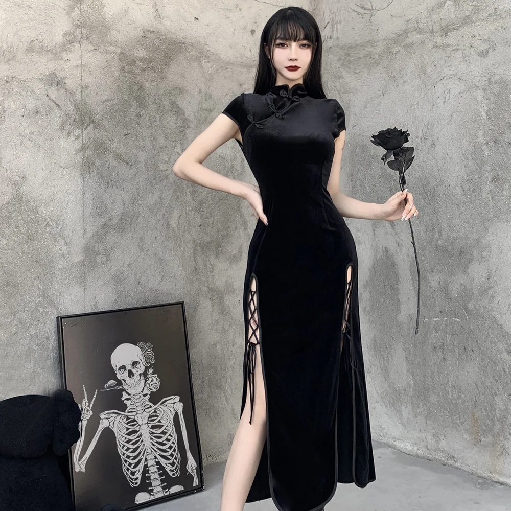 S-XL Women Gothic Velvet Cheongsam Maxi Dress Sexy High Slit Bandage Chinese Mandarin Collar High Waist Lace Up Long Qipao Dress