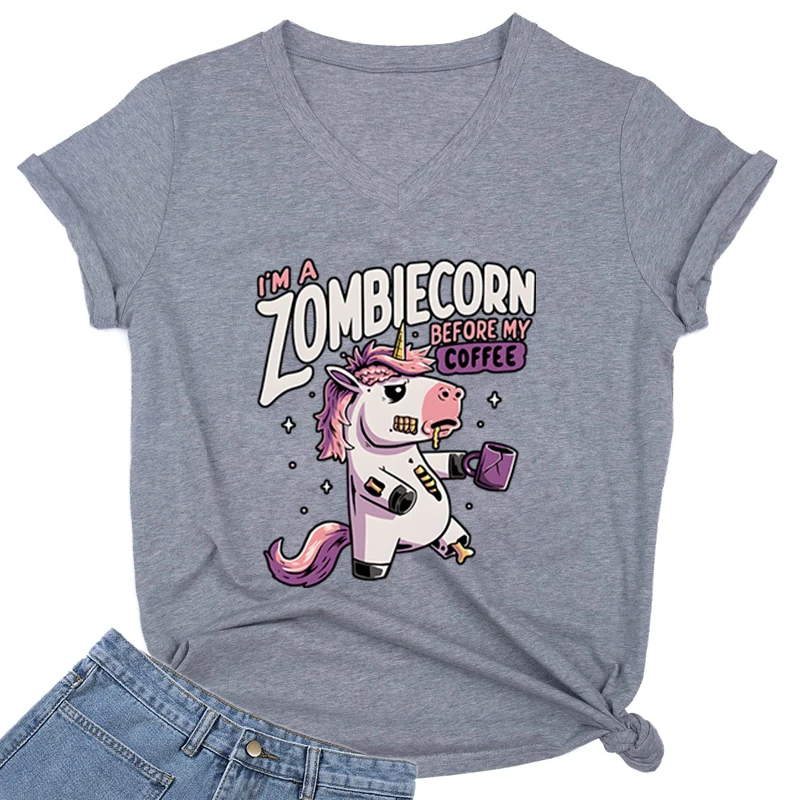 Funny Shirt Print I\'m Zombiecorn Before My Coffee Women Short Sleeves V-neck Cute Unicorn High Street Girl Fashion Trend Shirts