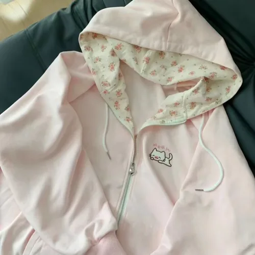 Imagen 2 del producto Abrigo con capucha Harajuku coreano Kawaii para mujer, cárdigan fino de manga larga con cremallera, ropa de calle Y2K, nuevas chaquetas holgadas de longitud media