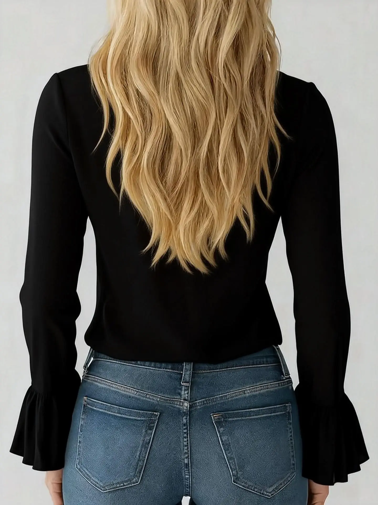 2026 Frühling Europäischer Stil Einfarbige Chiffon-Bluse mit V-Ausschnitt und Rüschenärmeln Chiffon Damenblusen und Hemden – Detail 9
