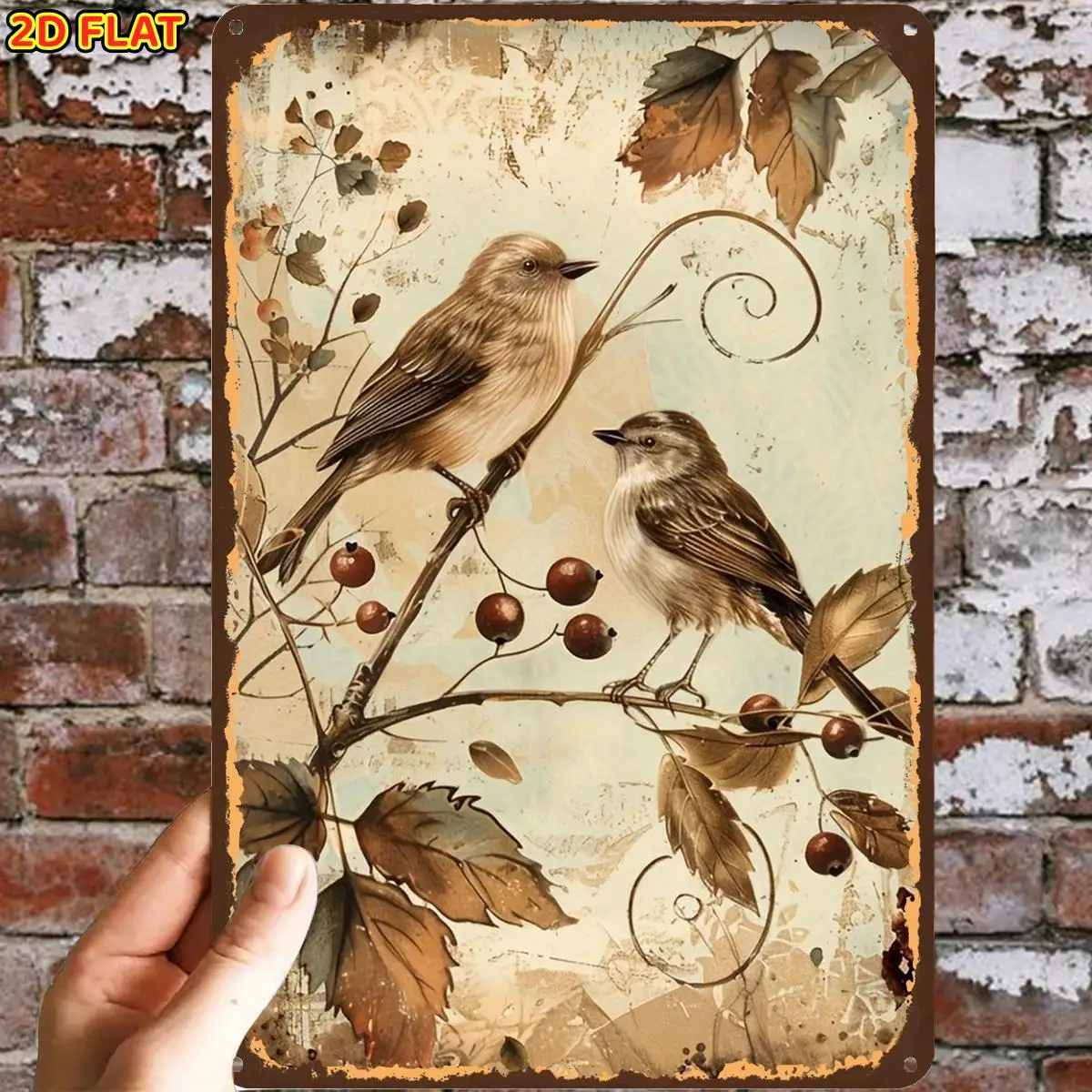 Vintage Bird And Berry Art Print Metal Iron aluminum Sign, Pre-Drilled Holes, Suitable for Indoor, Garden, Outdoor, Home, Office