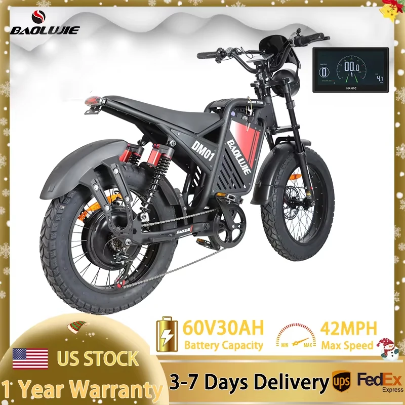 

Электрический мотоцикл BAOLUJIE, 3000 Вт (пиковая мощность), бесщеточный безредукторный двигатель, литиевая батарея 60В 30Ач, максимальная скорость 42 миль/ч, внедорожный электровелосипед для взрослых