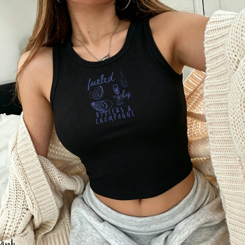 Ribbed Fitted Sweater Crop Top Tank Style Oysters Champagne Flute Bottle Ocean Inspired Coastal Aesthetic Cape Cod Tank Tops