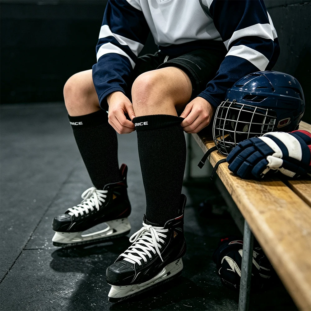 M/L 360 ° Schnittfeste Hockeysocken, feuchtigkeitsableitend, mit nahtloser Zehenpartie für Eishockey, Skifahren, Radfahren, Fußball, Sportsocken – Detail 13