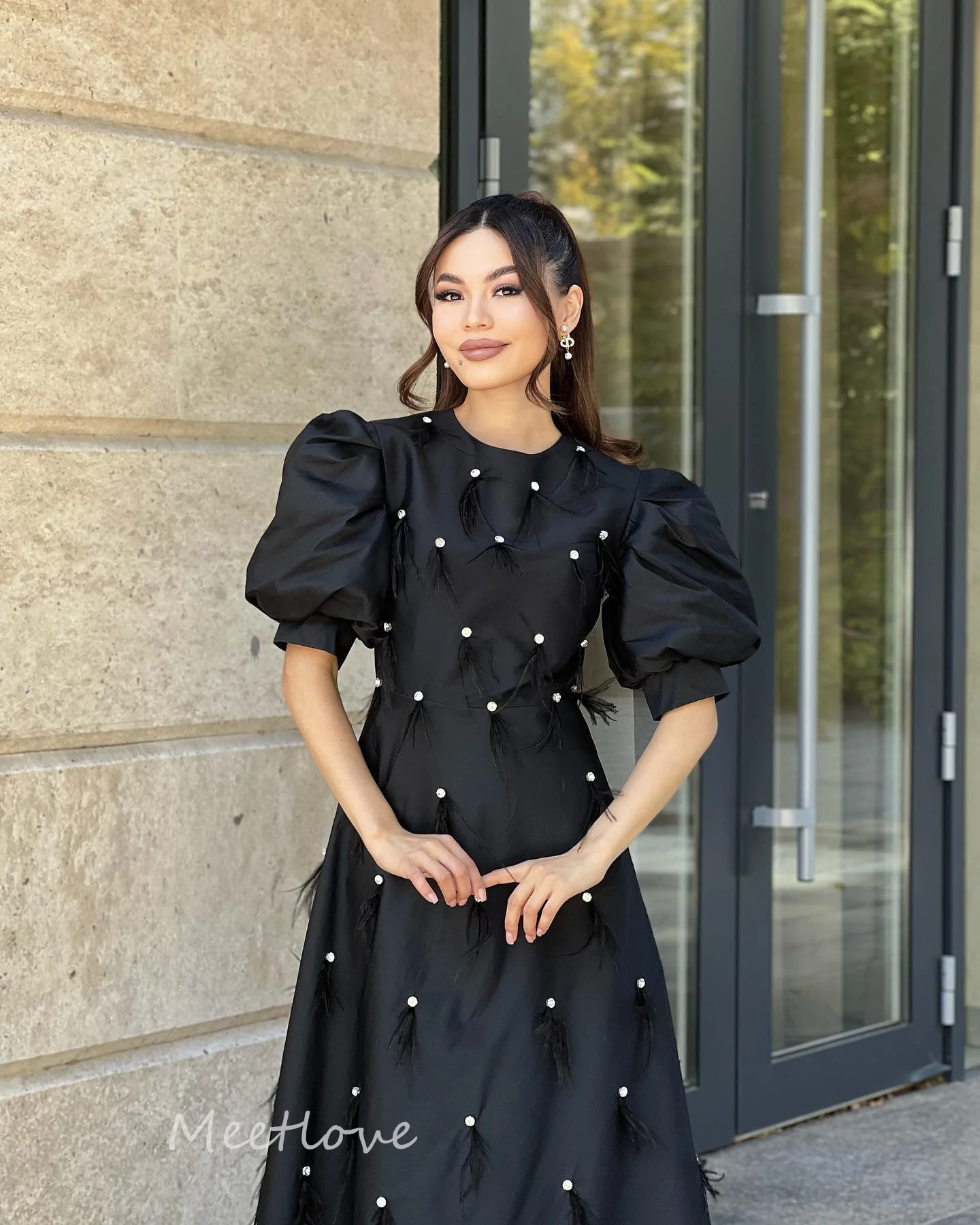 Meetlove-Vestidos De graduación con cuentas negras, vestido De noche De corte A, Vestidos De Gala para Mujer, vestido Formal De fiesta De noche hasta el tobillo