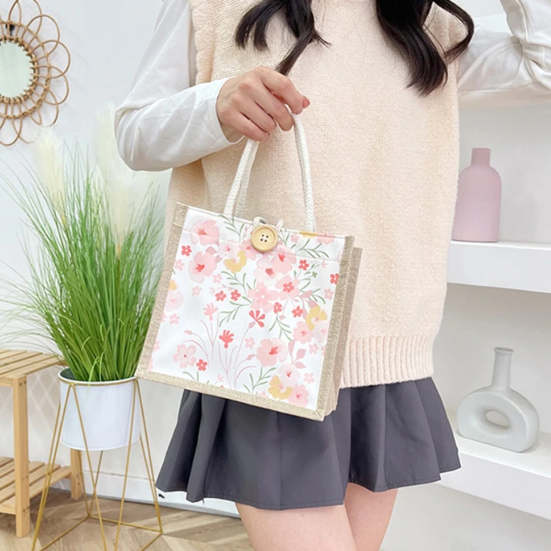 Bolsa de linho estilo japonês feminino, bolsa para presente, estampa de flores, compras, praia, portátil, casual, verão, moda