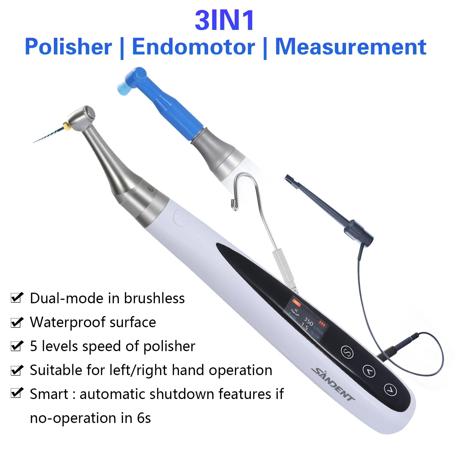 SANDENT Dental 3 IN 1 Measurement Brushless Endo Motor With Built-in Apex Locator Cordless Polishing Prophy Angles Cups