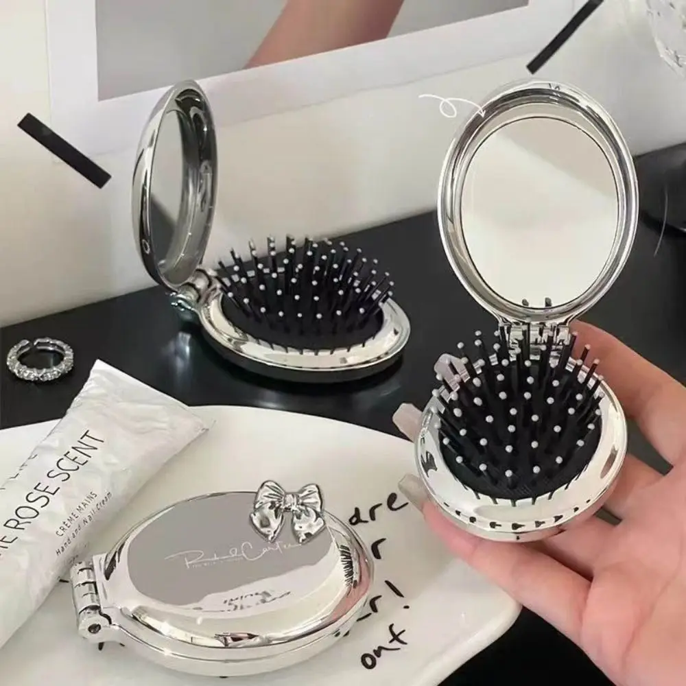 1PC Portable Bow Folding Comb Air Cushion Silver Mini Hair Brush with Mirror Plastic Pocket Comb Travel-Friendly
