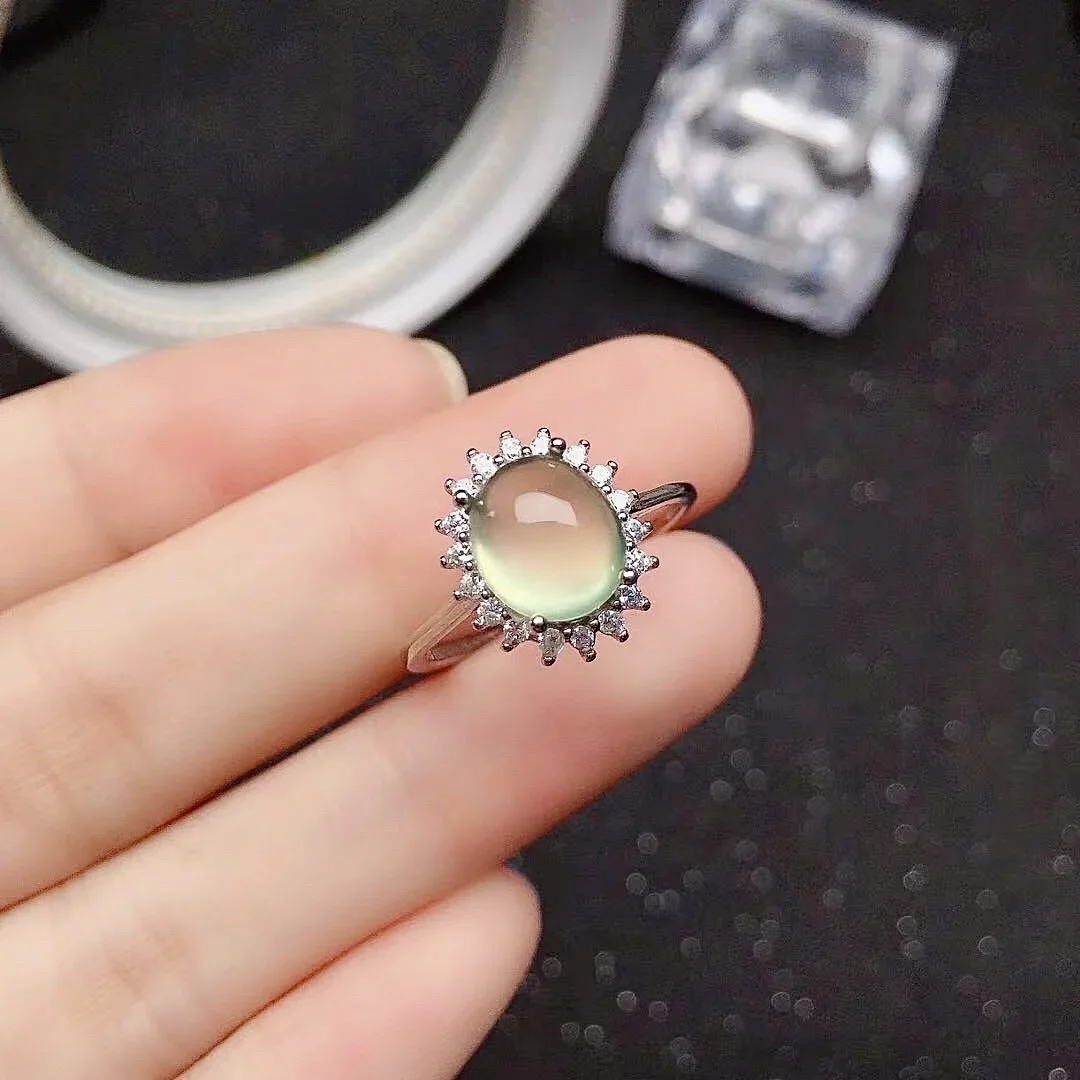 Classic Prehnite Silver Ring for Daily Wear 7mm*9mm Natural Prehnite Ring Solid 925 Silver Prehnite Jewelry