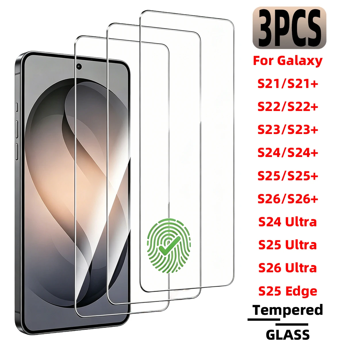 3-Pack Tempered Glass Screen Protector for Galaxy S21–S26 Series – Supports Fingerprint Unlock & Anti-Fingerprint