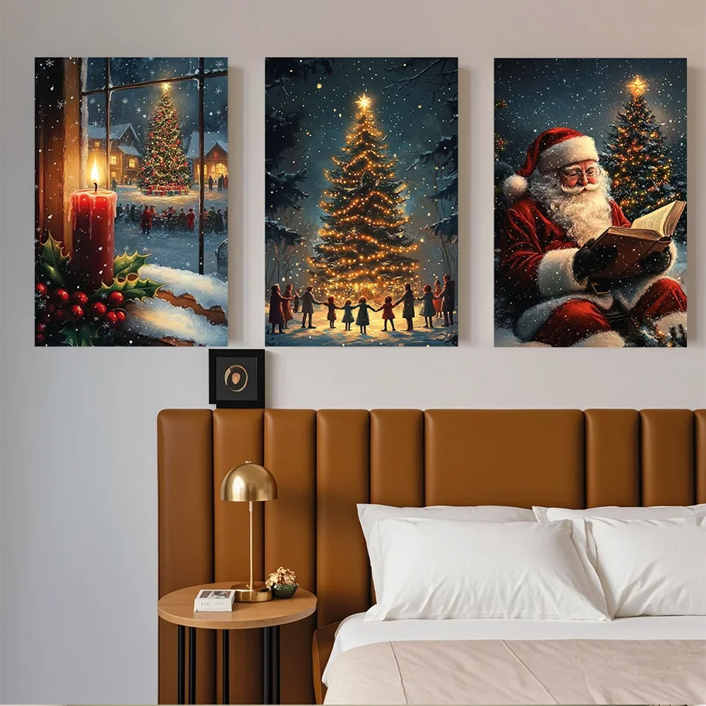 (No frame)2D Flat, 2D/FLAT Frameless Merry Christmas, 3pcs Set, Canvas Painting - Frameless, Gorgeous Christmas Tree and Sant