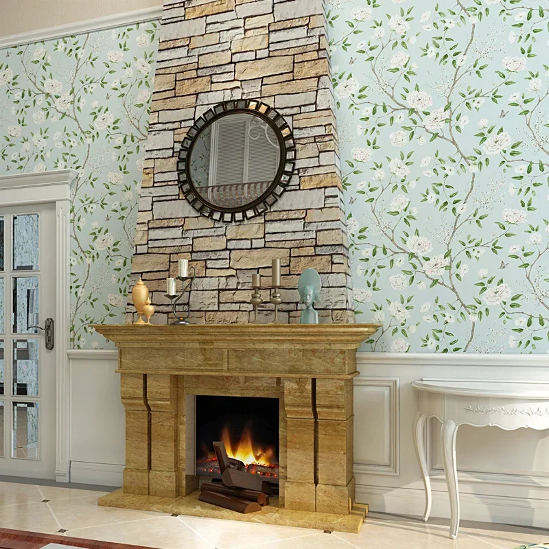 ورق جدران رعوي من الريف الأمريكي لون أخضر محب فني أزرق فاتح لغرفة النوم خلفية تلفزيون في غرفة الرسم #3