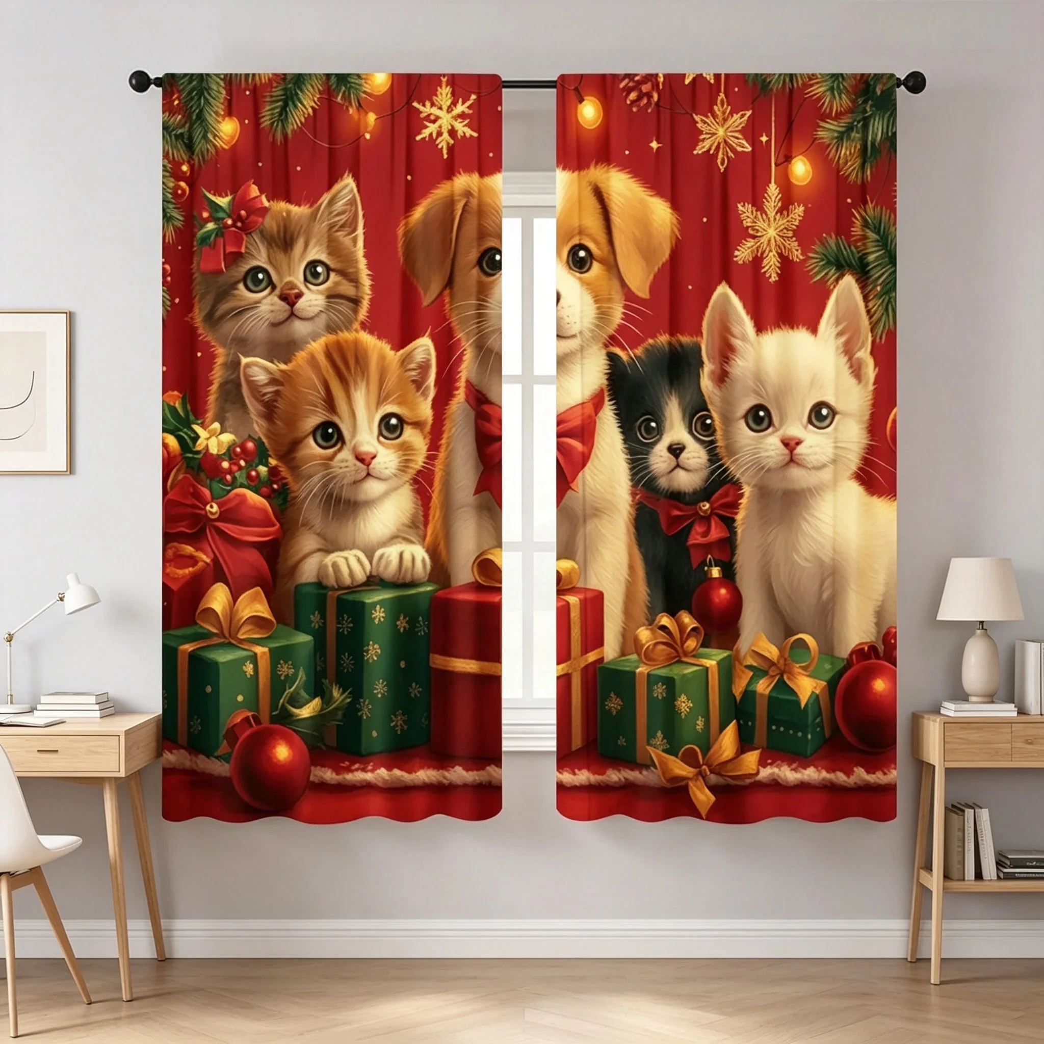 2PCS Christmas Curtains Cat Dog Kitten Puppy Red Background Gift Box Digital Print Drapes for Living Room Bedroom Pet Decor