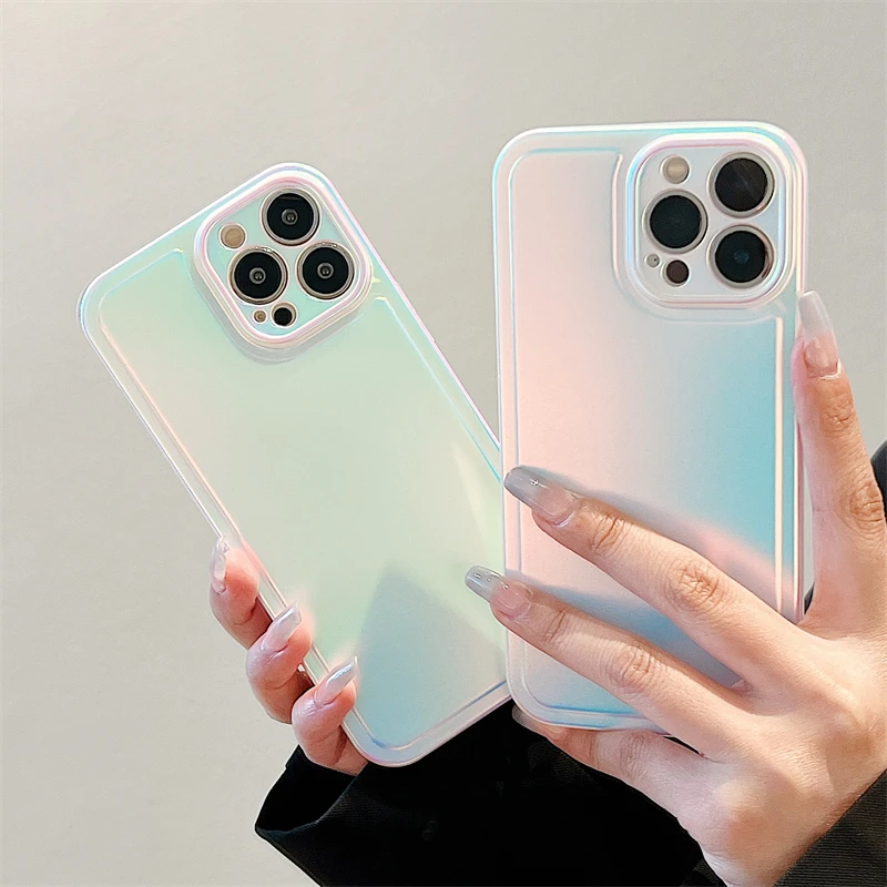 Luxury Fashion Gradient Laser Rainbow Phone Case For iPhone 15 Pro Max 13 12 11 14 Plus Matte Transparent Soft Shockproof Cover