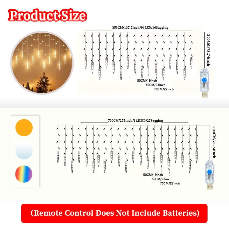 USB Icicle Curtain Style String Lights Remote Control 8 Modes Warm White Colorful LED Lights Window Christmas Decoration