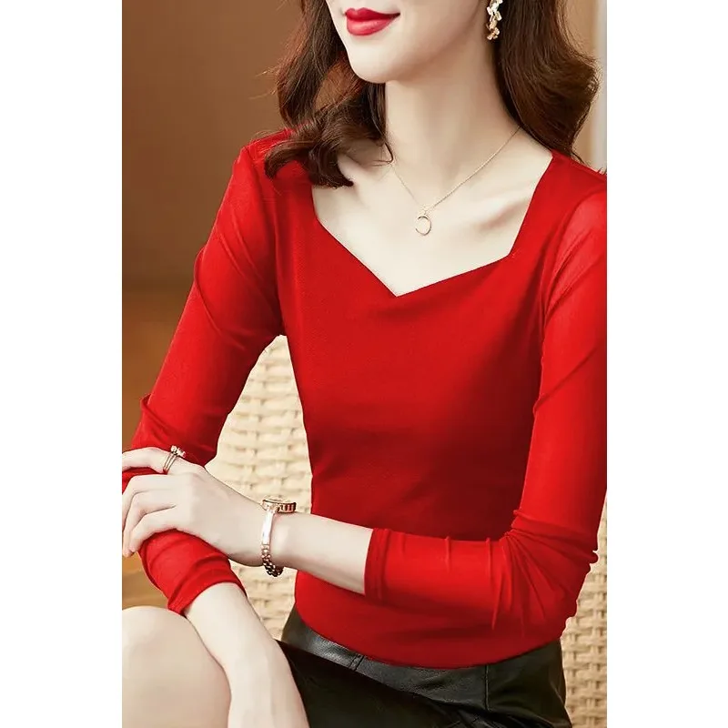 V-neck Mesh Bottoming Shirt For Women Spring Autumn Long-sleeved New Style Inner T-shirt Simple Gauze Slim-fitting Top