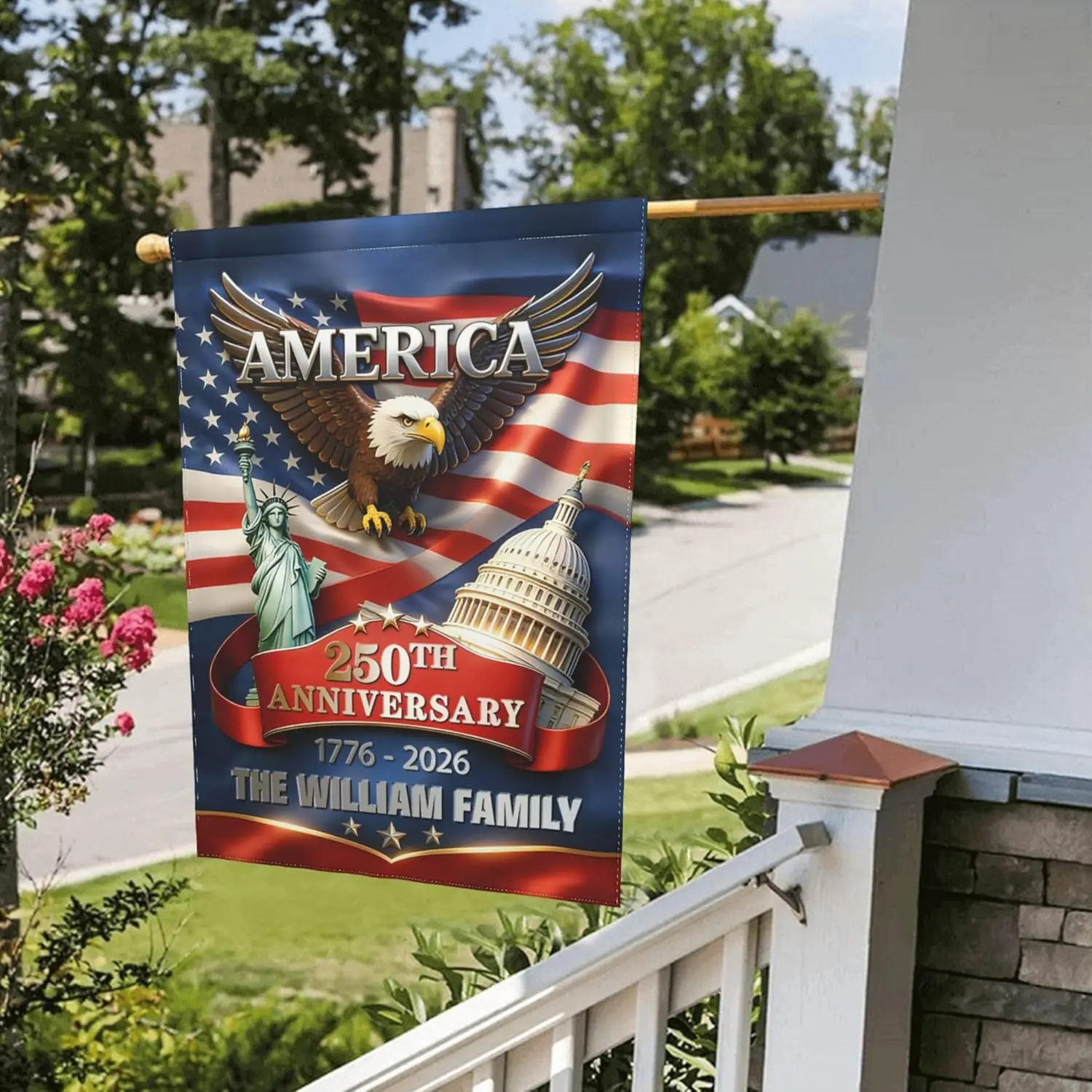 Personalized 250th Anniversary USA Garden Flag, Custom Patriotic Eagle Banner with Family Name, Patriotic Decor 4th of July  AAS