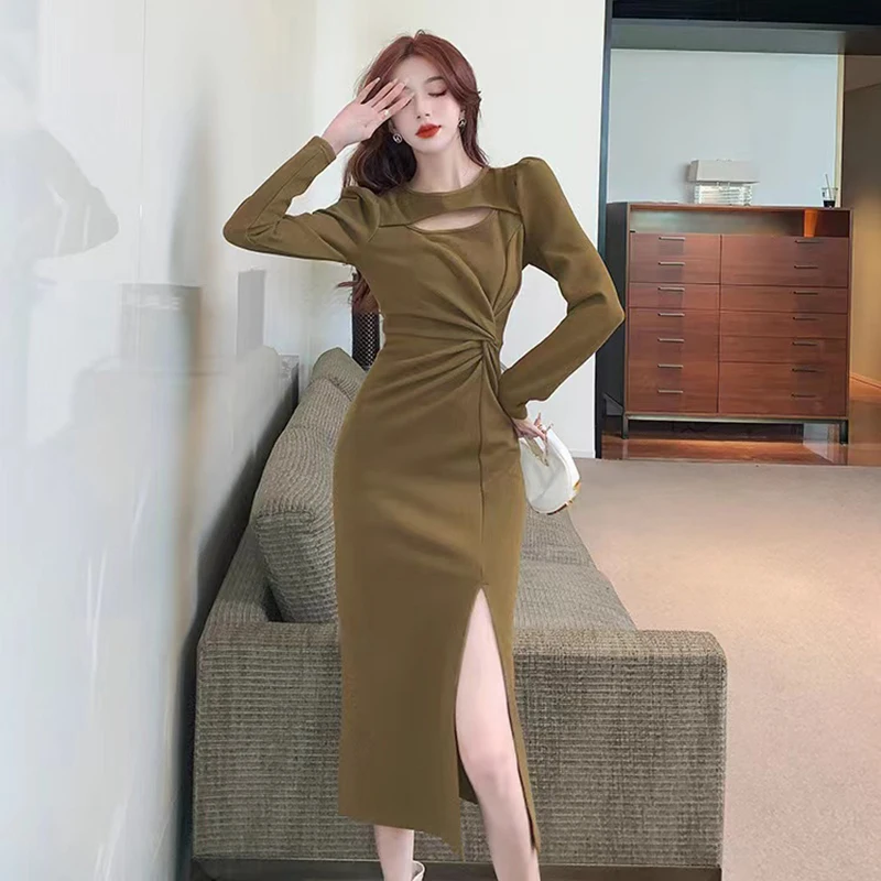 Fall Elegant Long Sleeve Women Dress Fashion Folds Side Slit Pencil Dress High Waist Streetwear Solid All Match Midi Dress New