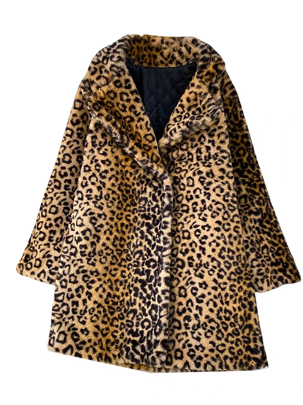 Ele Thiened معطف فرو منك طويل بطبعة الفهد للنساء شتوي Jaet ملابس خارجية أصلية فضفاضة