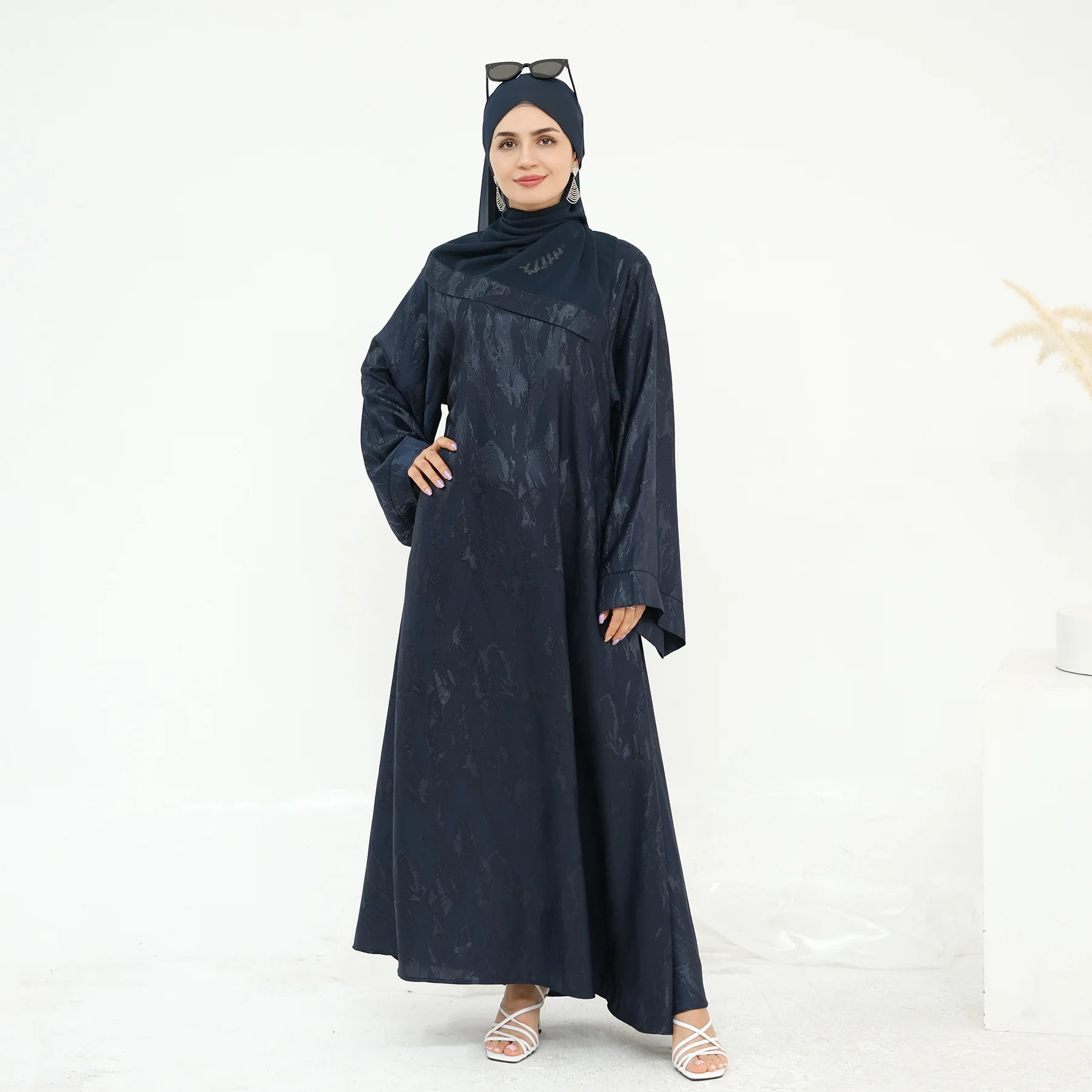 Mode musulmane 2 pièces robe écharpe ensemble femmes lisse Jacquard caftan robe grande taille Abaya Hijab ensembles musulman islamique vêtements costume