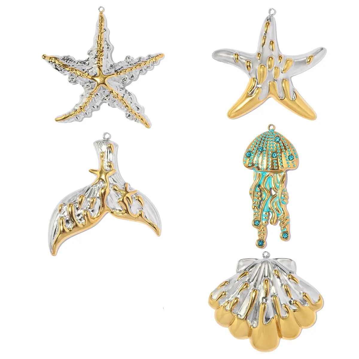 3Pcs/Lot Stainless Steel Big Size Shell Fish Tail Charms Two Tones Starfish Pendants For DIY Making Fashion Jewelry Accessories