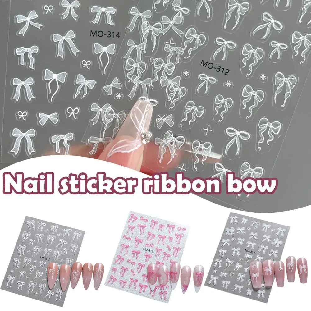 ริบบิ้น Bows สติกเกอร์เล็บสีขาว 3D Bows รองเท้าบัลเล่ต์ It เสียไม่ตลอดเวลาเล็บเล็บสติกเกอร์ปลอมอุปกรณ์เสริม DIY สวมใส่ E5I3