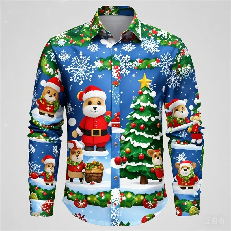 3D Print Santa Claus Graphic Shirts Merry Christmas Long Sleeve Shirts For Men Casual Oversized Button Up Shirts Blouse Clothes