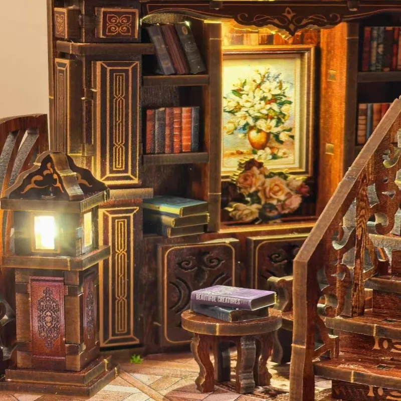 3D Retro Dreamy Book Hall Fai da te Casa in legno Figurine Miniature Kit Decorazione della scrivania di casa per regali di Natale fatti a mano per adulti