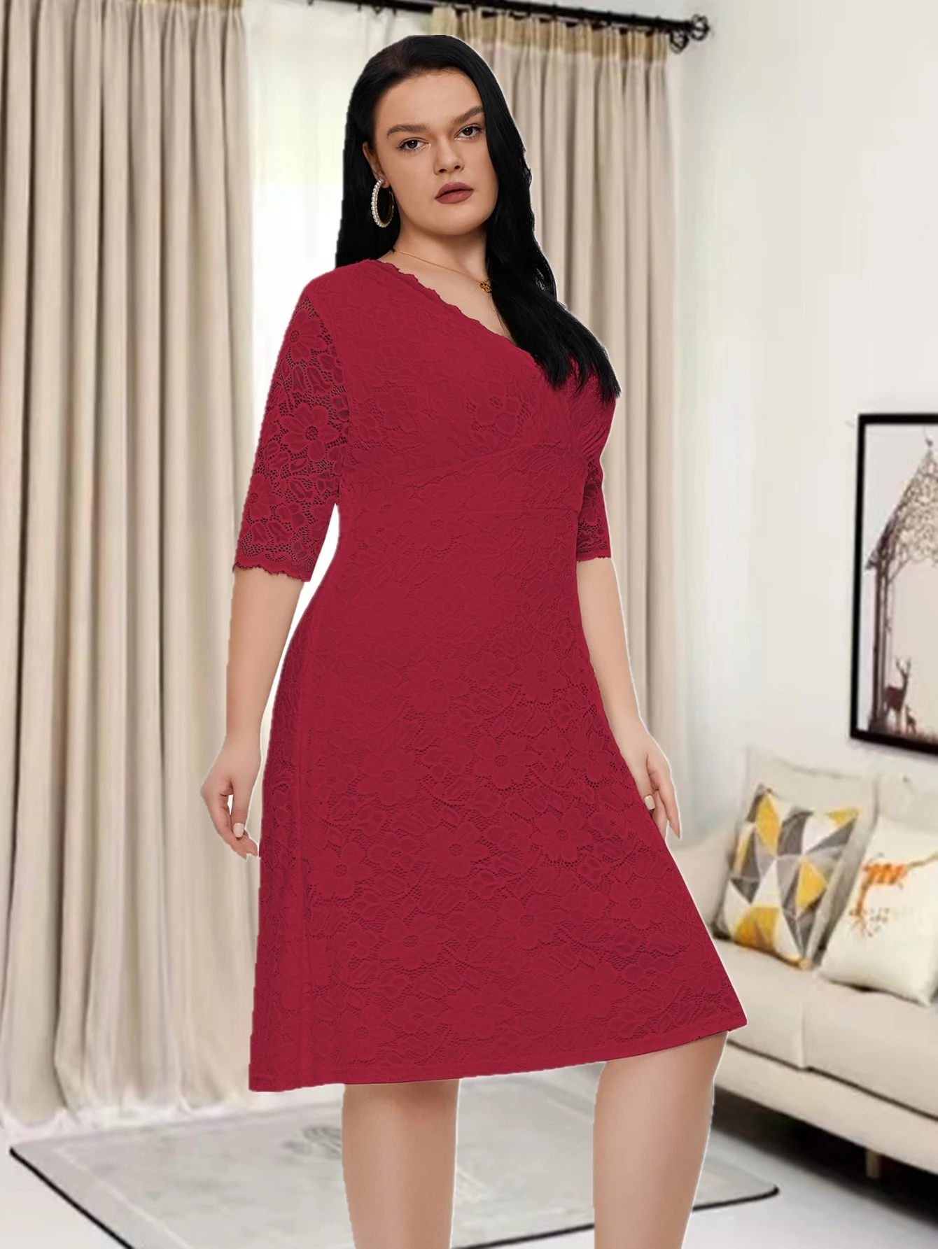 Plus Size New Arrival Half Sleeve V dekolt czerwony kolor formalna wieczorowa koronkowa eleganckie sukienki dla kobiet Midi