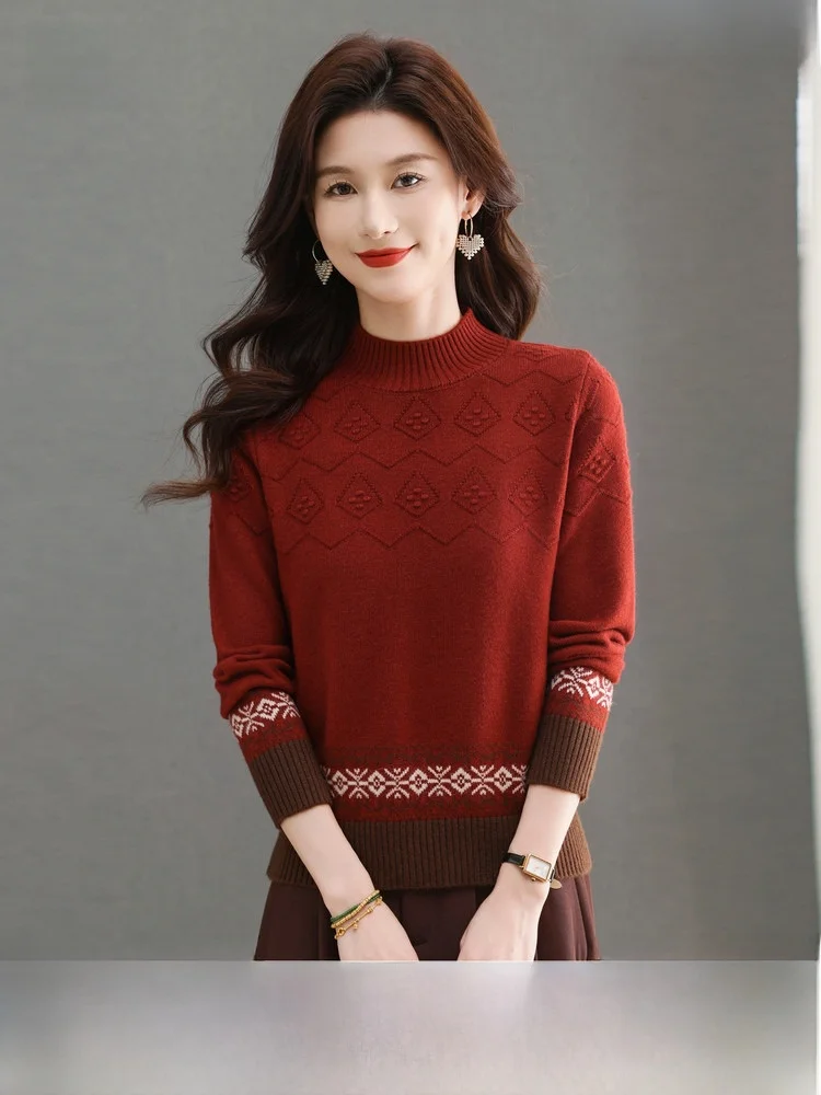 

Spring New Style Women's Sweater Casual Half High Collar Knitted Shirt Base Layer Mom's Wardrobe Sweet Style Long Sleeve