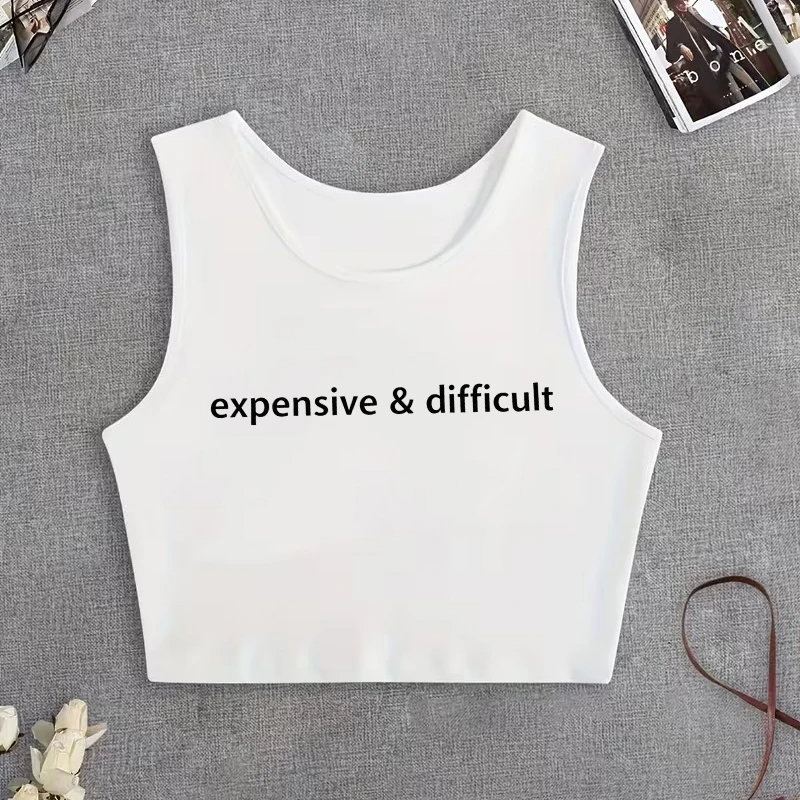 Expensive and Difficult Print Round Neck Sleeveless Crop Tops Women's White Sexy Tank Tops 90s Y2K Style Vest for Summer Girls