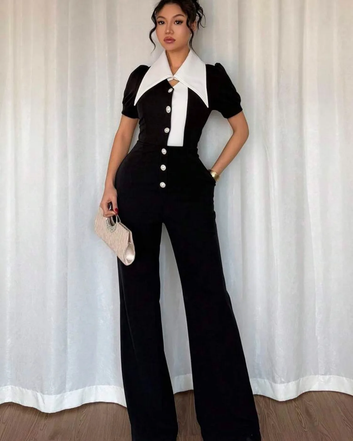 

EINY Elegant Women Puff Short Sleeve Patchwork Bowknot Button Fly Wide Leg Jumpsuits Street Outfits One Piece Suit Rompers Traf