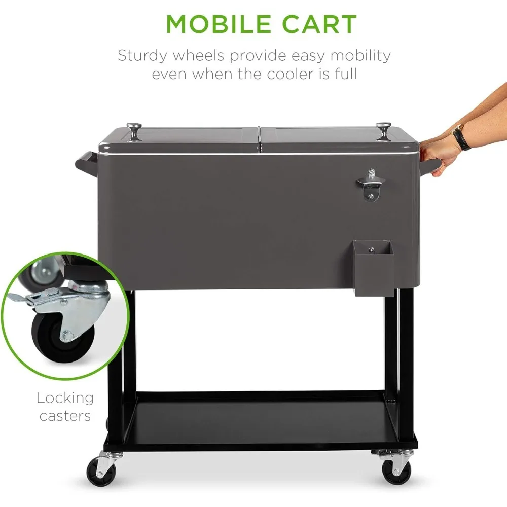 Patio Cooler Cart  for Beverage, 80-Quart Outdoor Steel Rolling Cooler Cart, BBQ Cart with Ice Chest, Rolling Cooler Cart