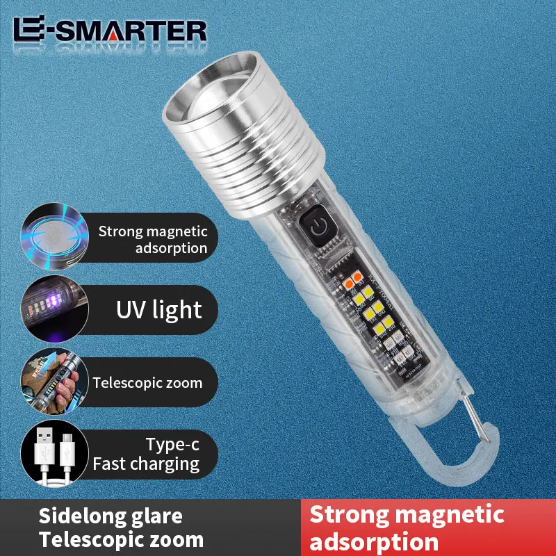 Portable LED Strong Light Flashlight Mini Keychain Rechargeable Zoom Torch Long Range Outdoor Camping Lantern With Magnetic