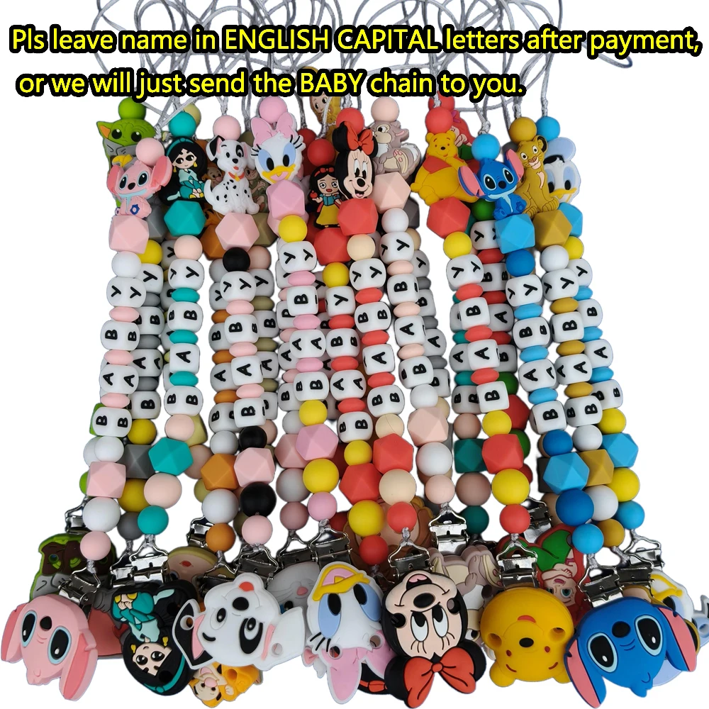 

1PC DIY Mickey Minnie mouse Dumbo Simba Stitch Silicone bead Tailored pacifier Chains name winnie nipple Holder Teething Chain