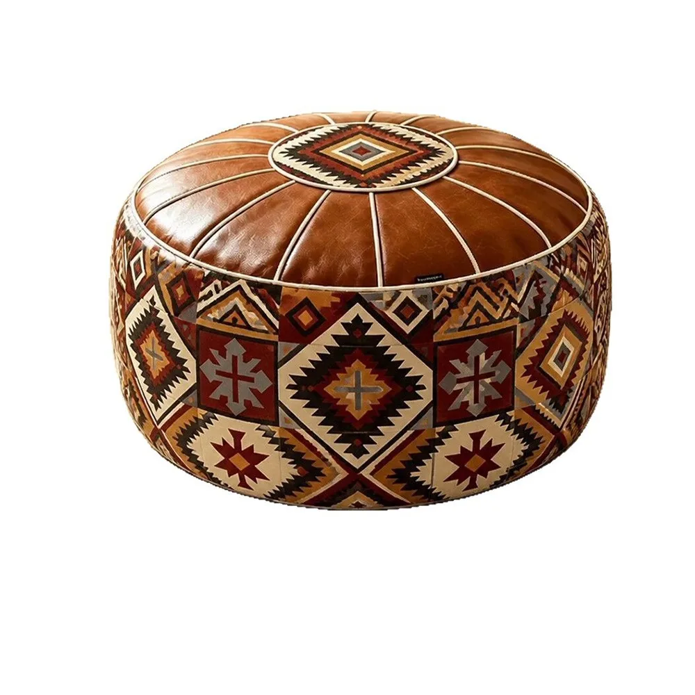 PU Leather Round Ottoman Stool Fillable Geometric Bird Pattern Storage Ottoman Pouf Round Shape Vintage Style Padded Seat